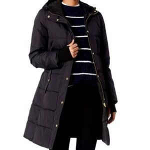 J CREW Mercantile Long Black Hooded Puffer Jacket Size Small